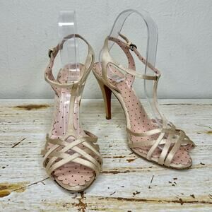 Moschino Cheap and Chic Strappy Heels 38 Ankle Strap Peep Toe Open Champagne